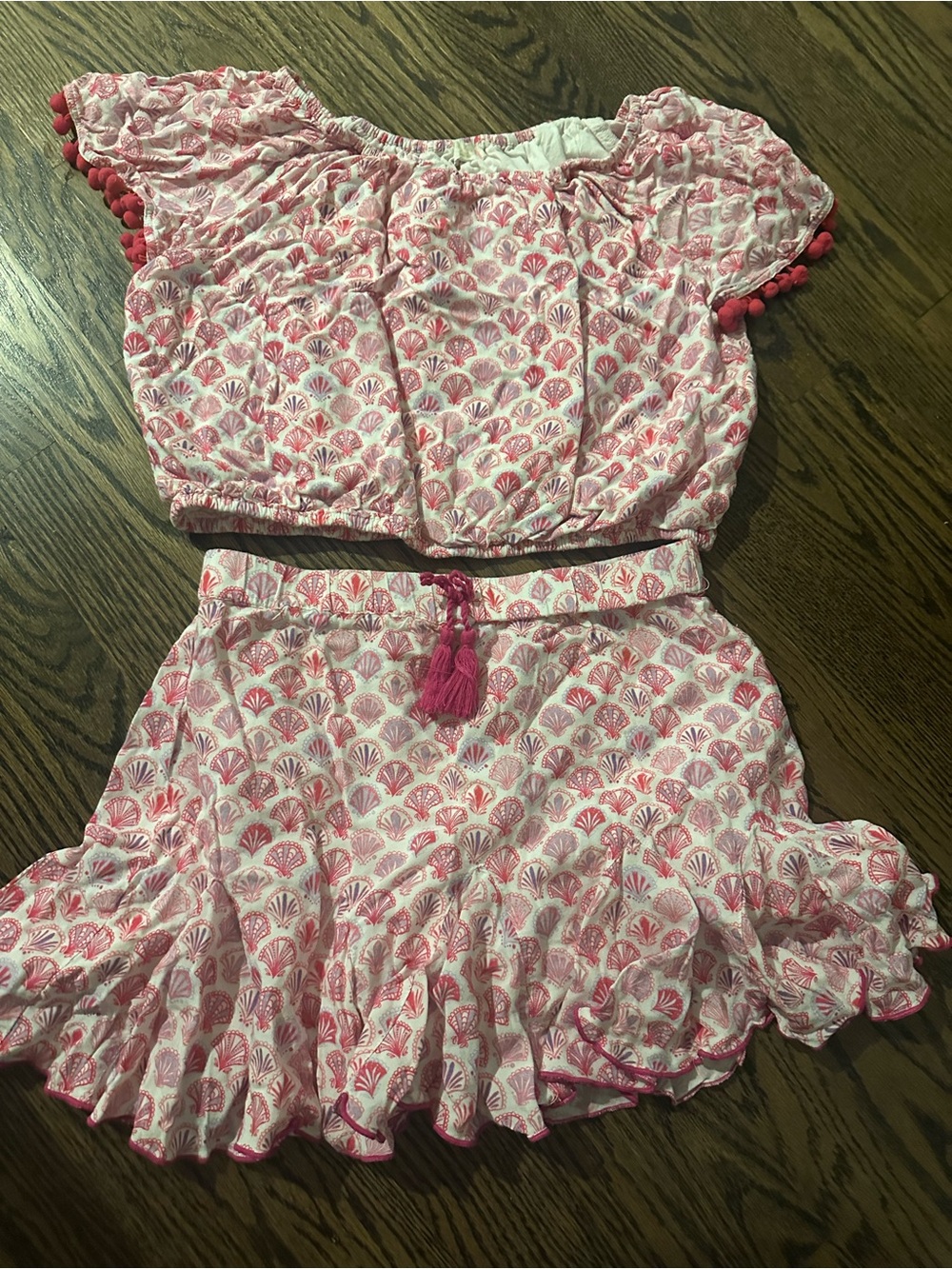 Girls Pink Shell-Print Matching Top & Skirt Set
